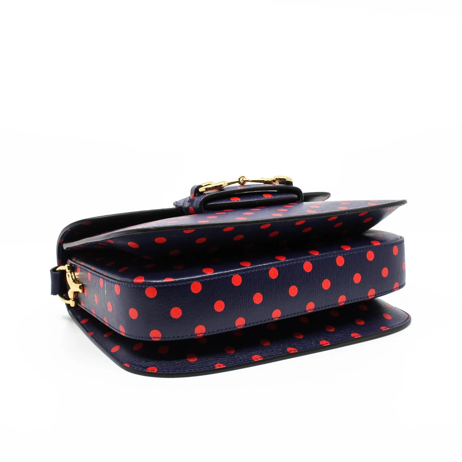 1955 Horsebit Bag in navy leather with red polka dots ghw