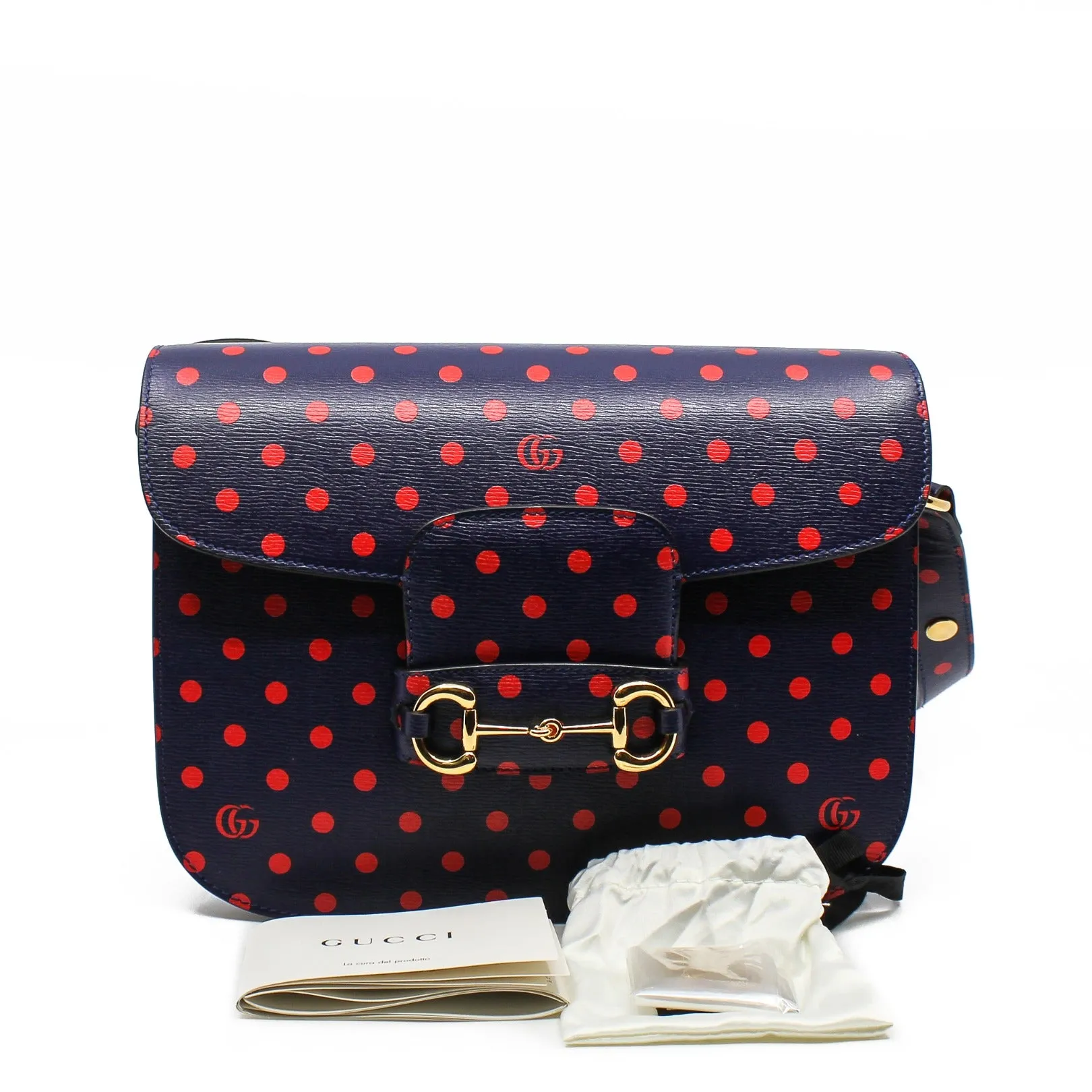 1955 Horsebit Bag in navy leather with red polka dots ghw