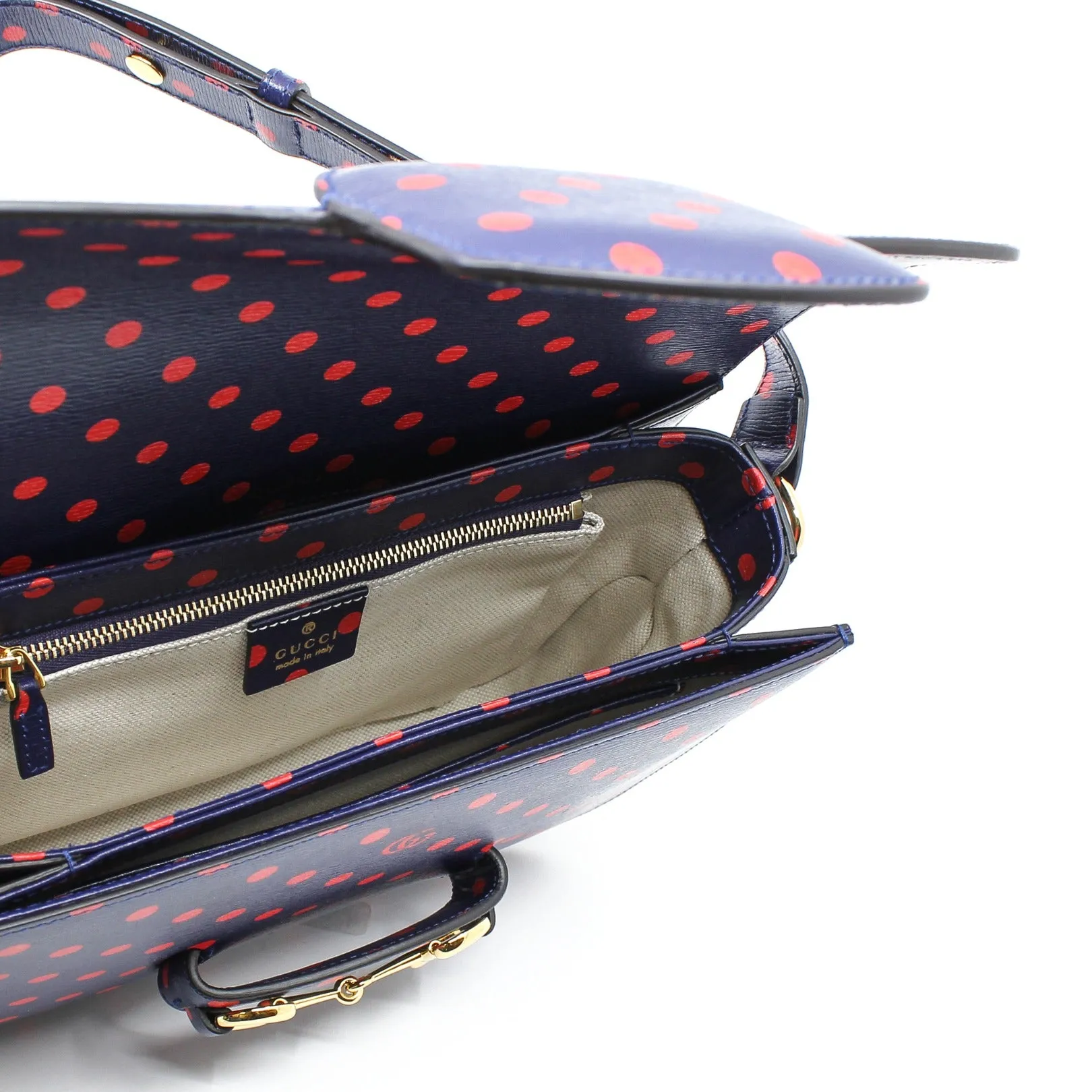 1955 Horsebit Bag in navy leather with red polka dots ghw