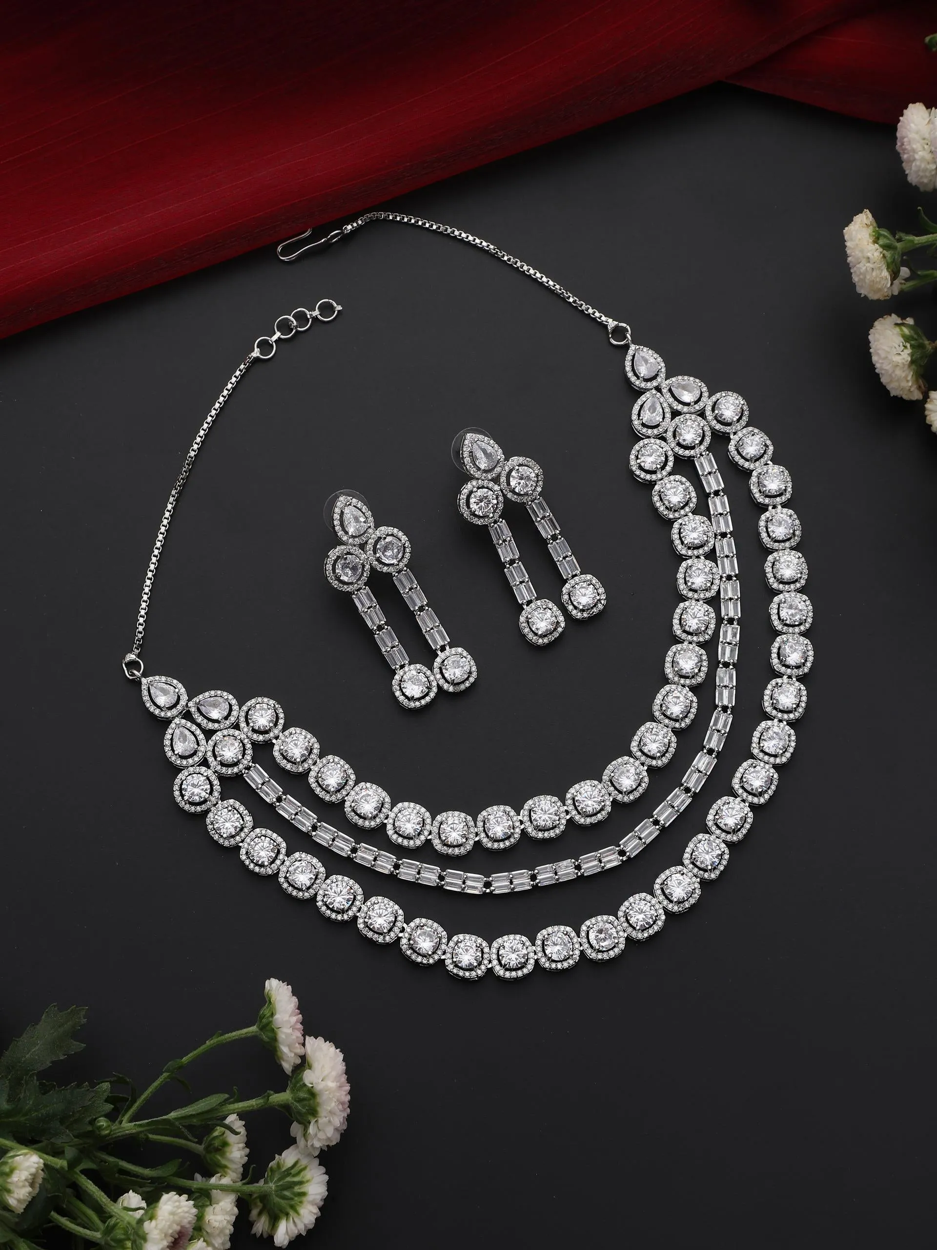 3 Line White Diamond String Necklace and Earring Set