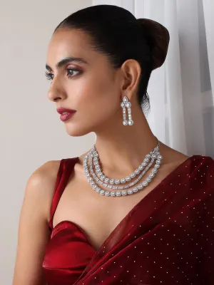 3 Line White Diamond String Necklace and Earring Set
