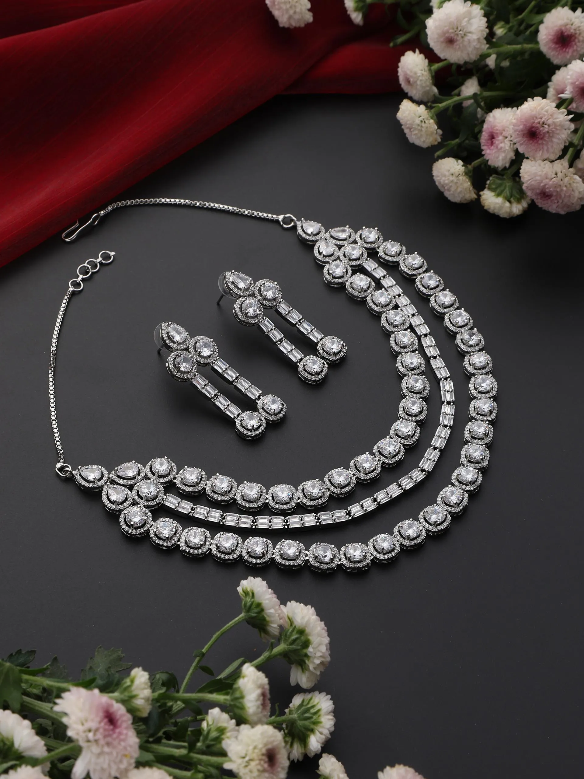 3 Line White Diamond String Necklace and Earring Set
