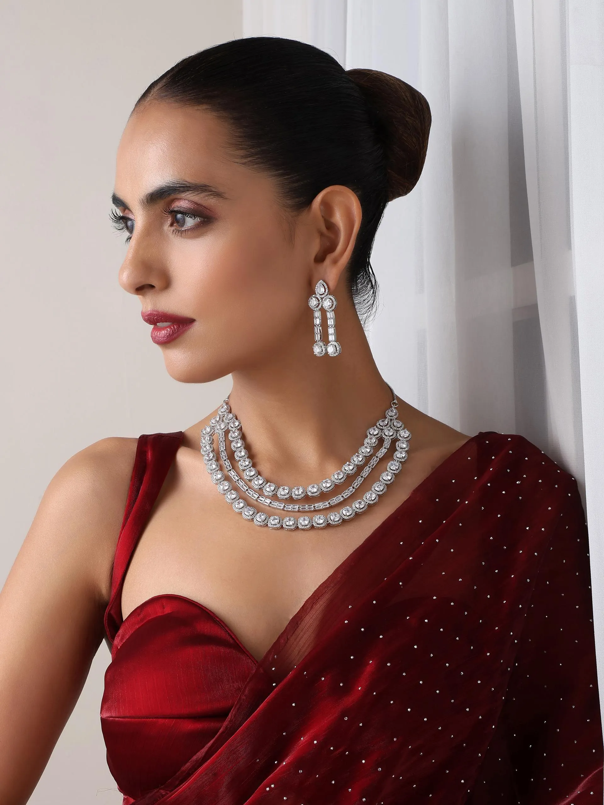 3 Line White Diamond String Necklace and Earring Set