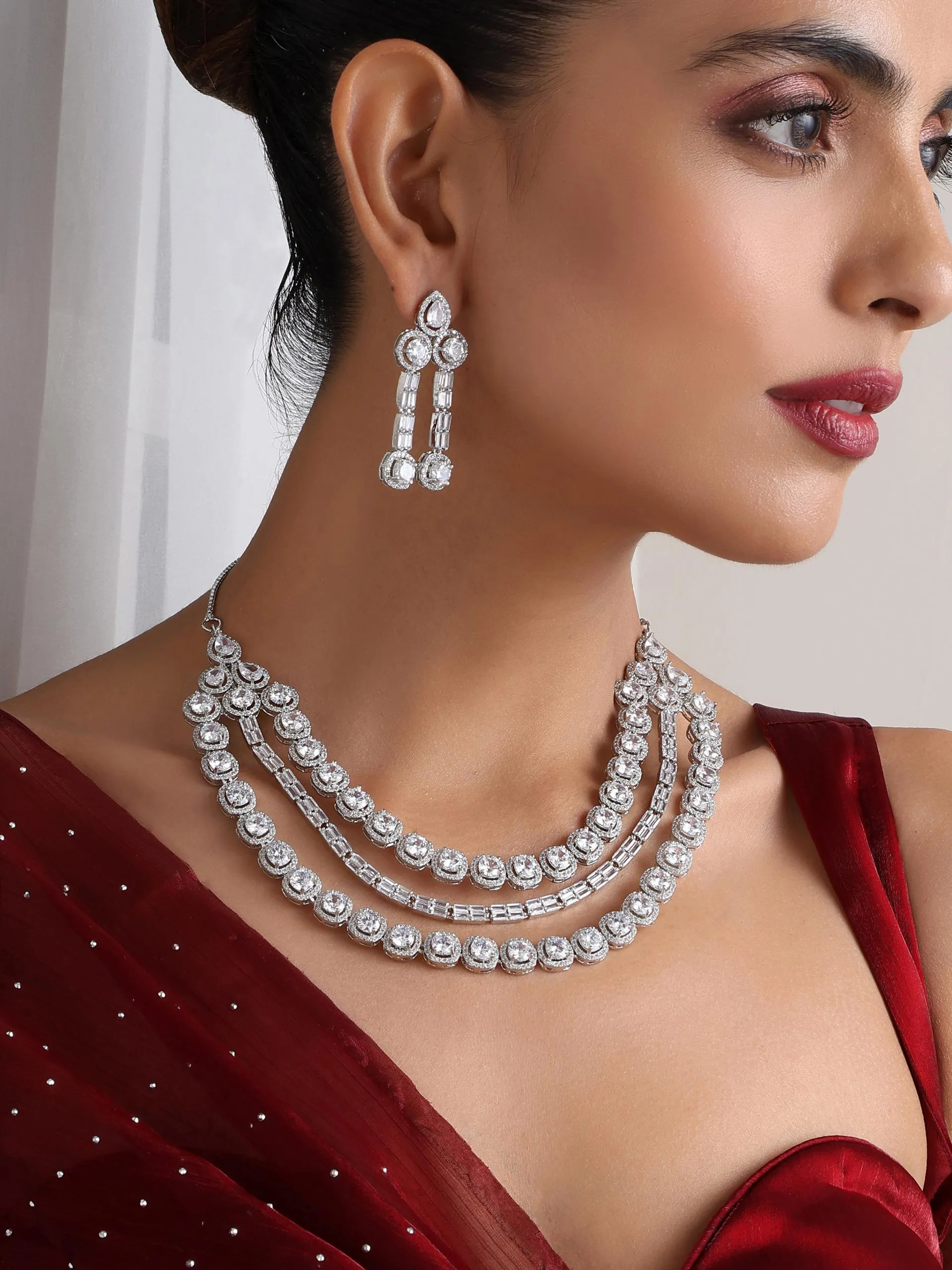 3 Line White Diamond String Necklace and Earring Set