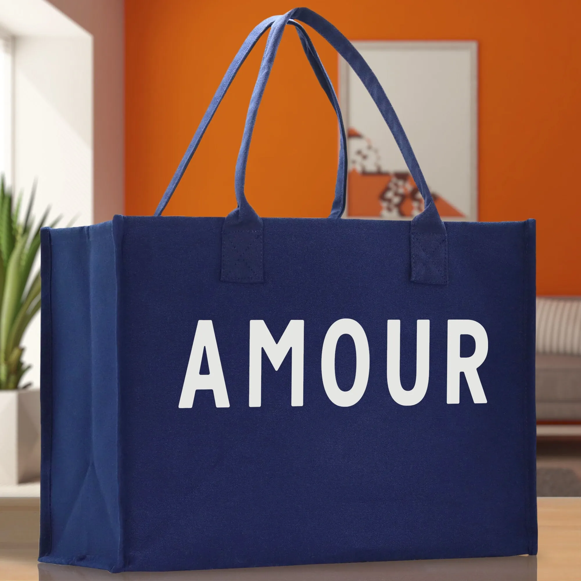 Amour Cotton Canvas Chic Beach Tote Bag Multipurpose Tote Weekender Tote Gift for Her Outdoor Tote Vacation Tote Large Beach Bag
