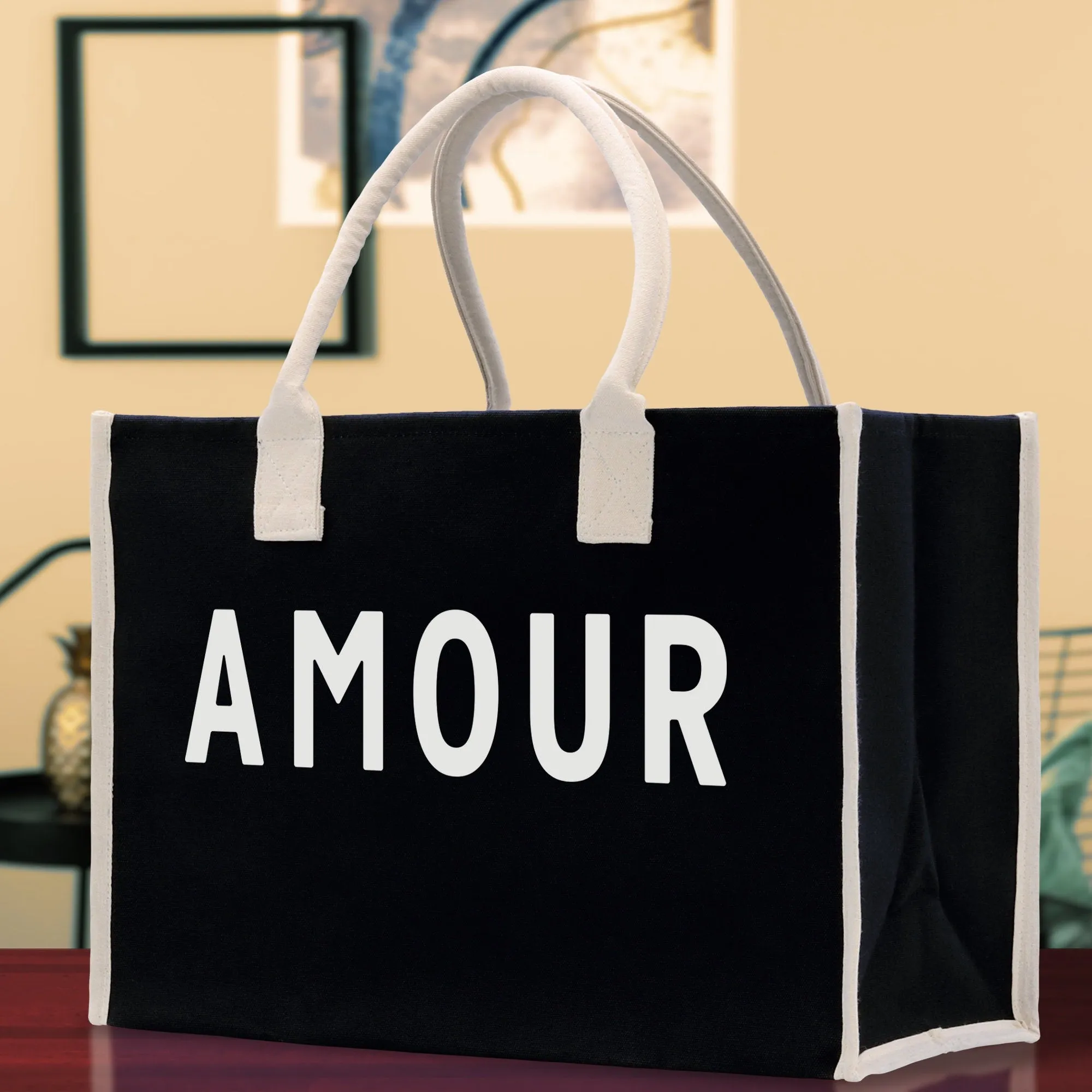 Amour Cotton Canvas Chic Beach Tote Bag Multipurpose Tote Weekender Tote Gift for Her Outdoor Tote Vacation Tote Large Beach Bag