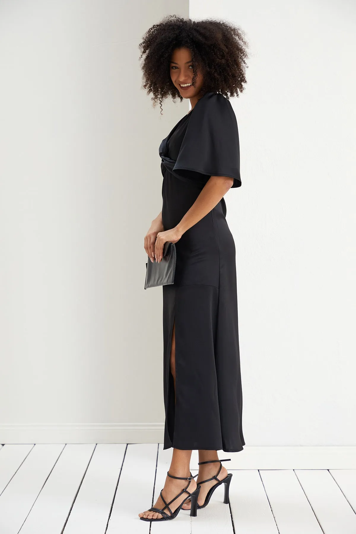 Angel Sleeve Satin Maxi Dress with Twist in Black