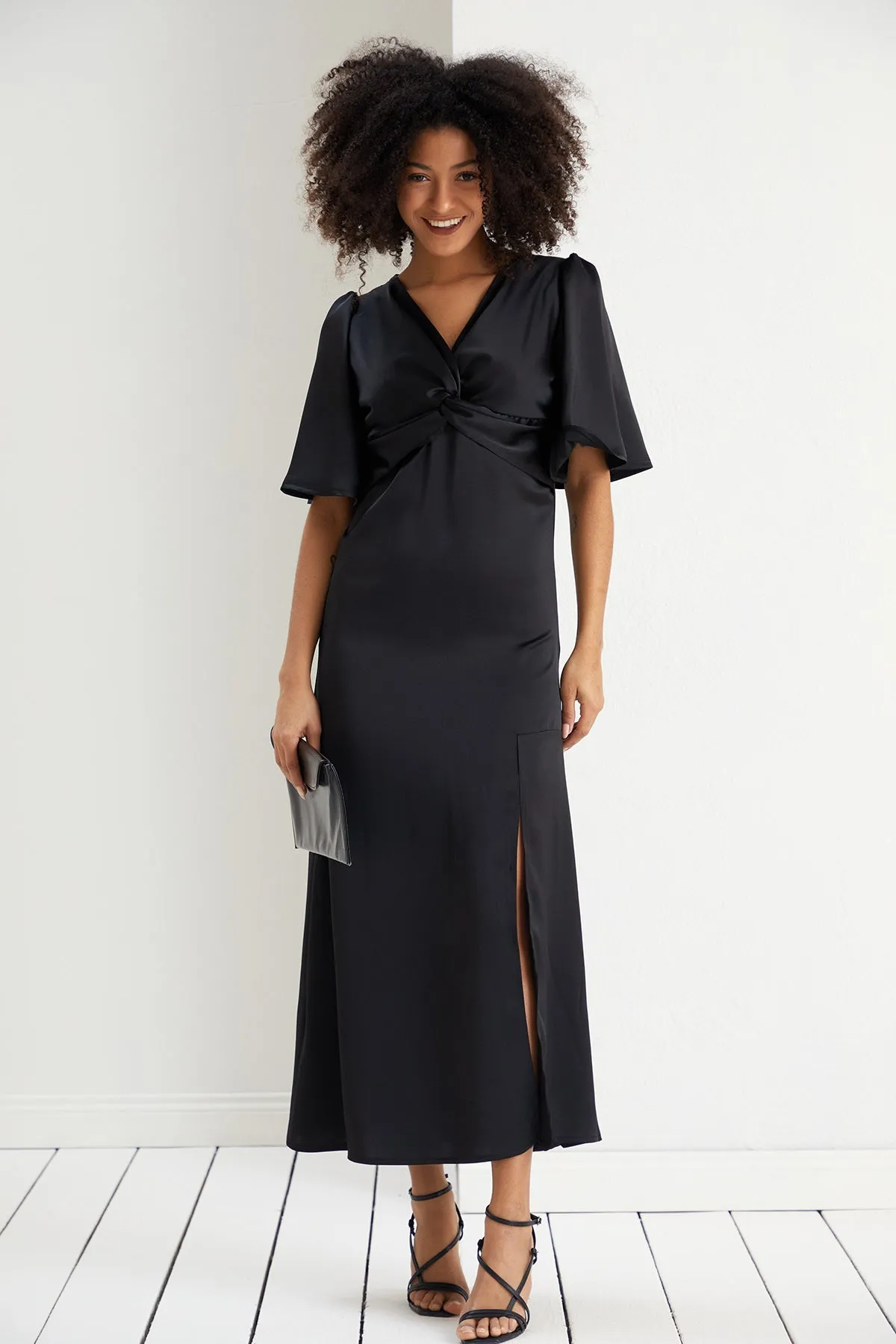 Angel Sleeve Satin Maxi Dress with Twist in Black