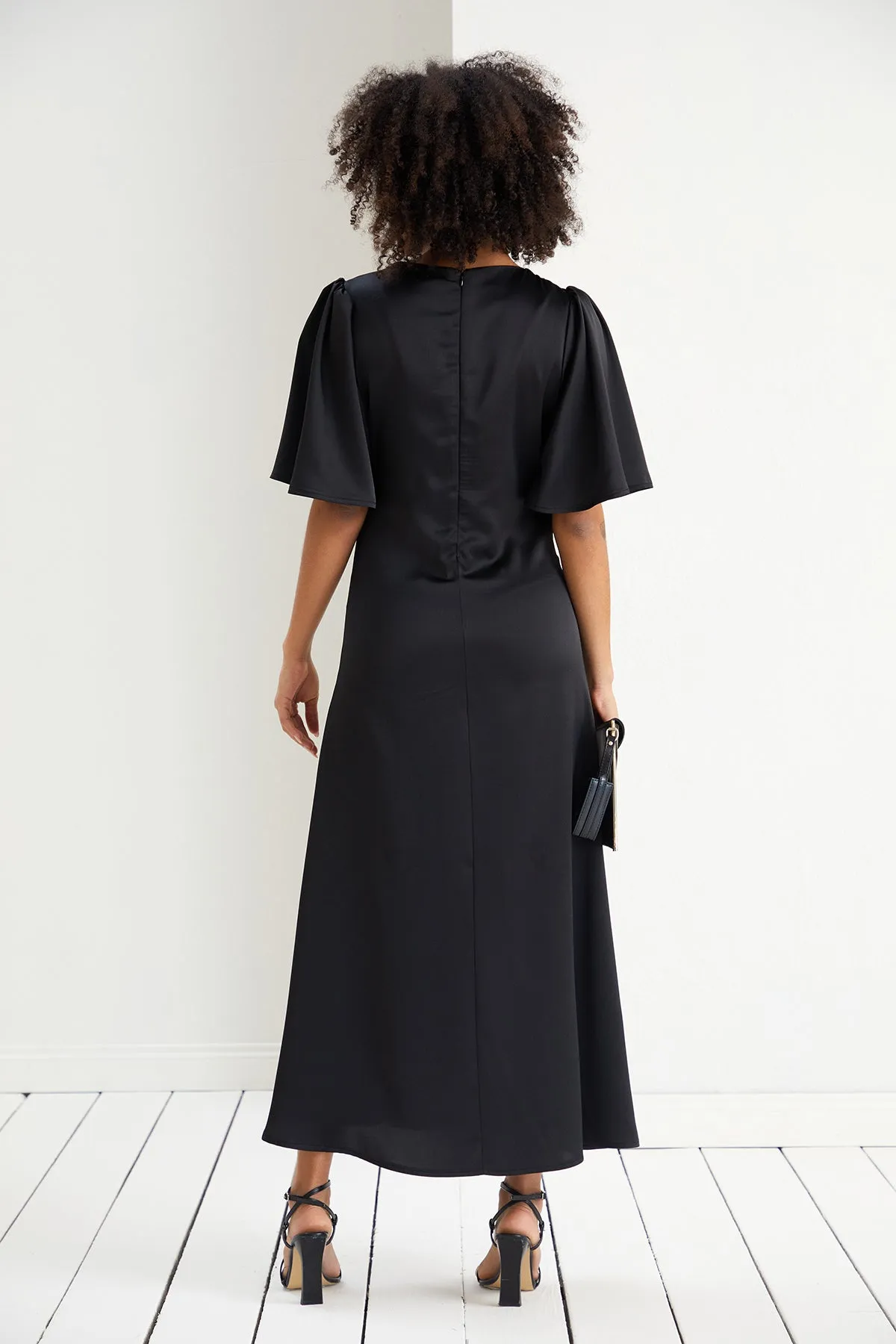 Angel Sleeve Satin Maxi Dress with Twist in Black
