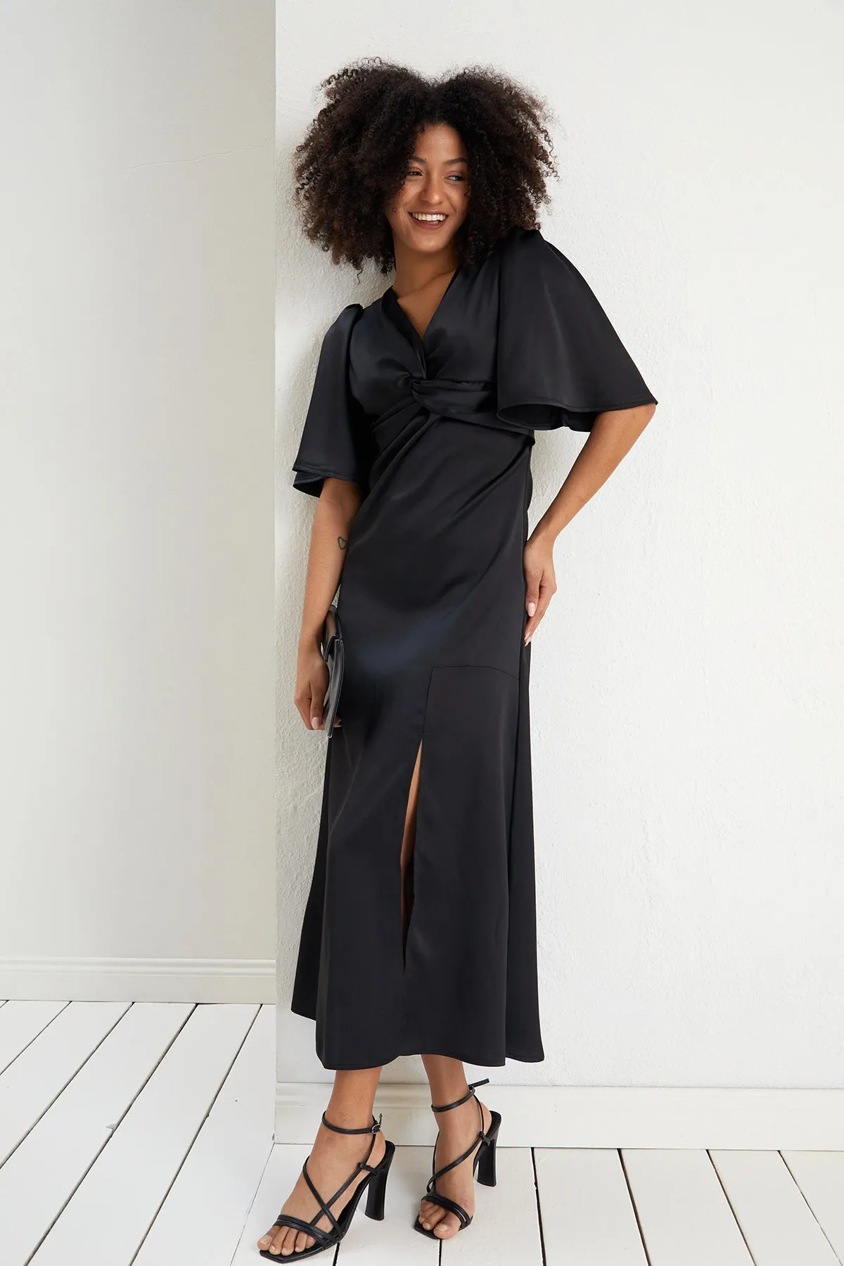 Angel Sleeve Satin Maxi Dress with Twist in Black