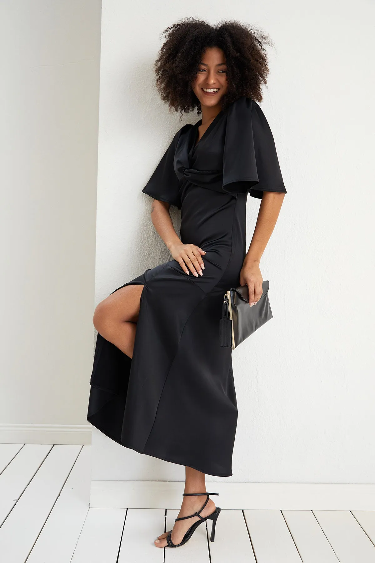 Angel Sleeve Satin Maxi Dress with Twist in Black