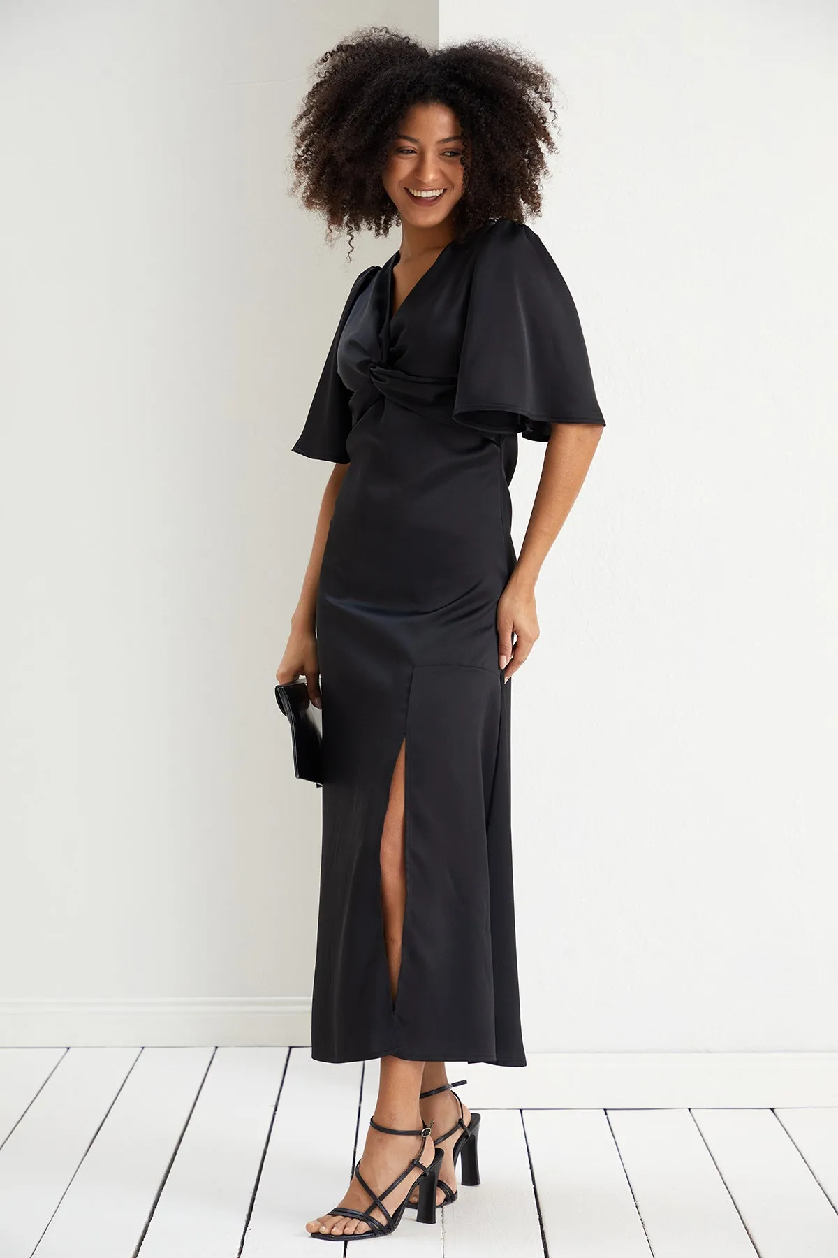 Angel Sleeve Satin Maxi Dress with Twist in Black