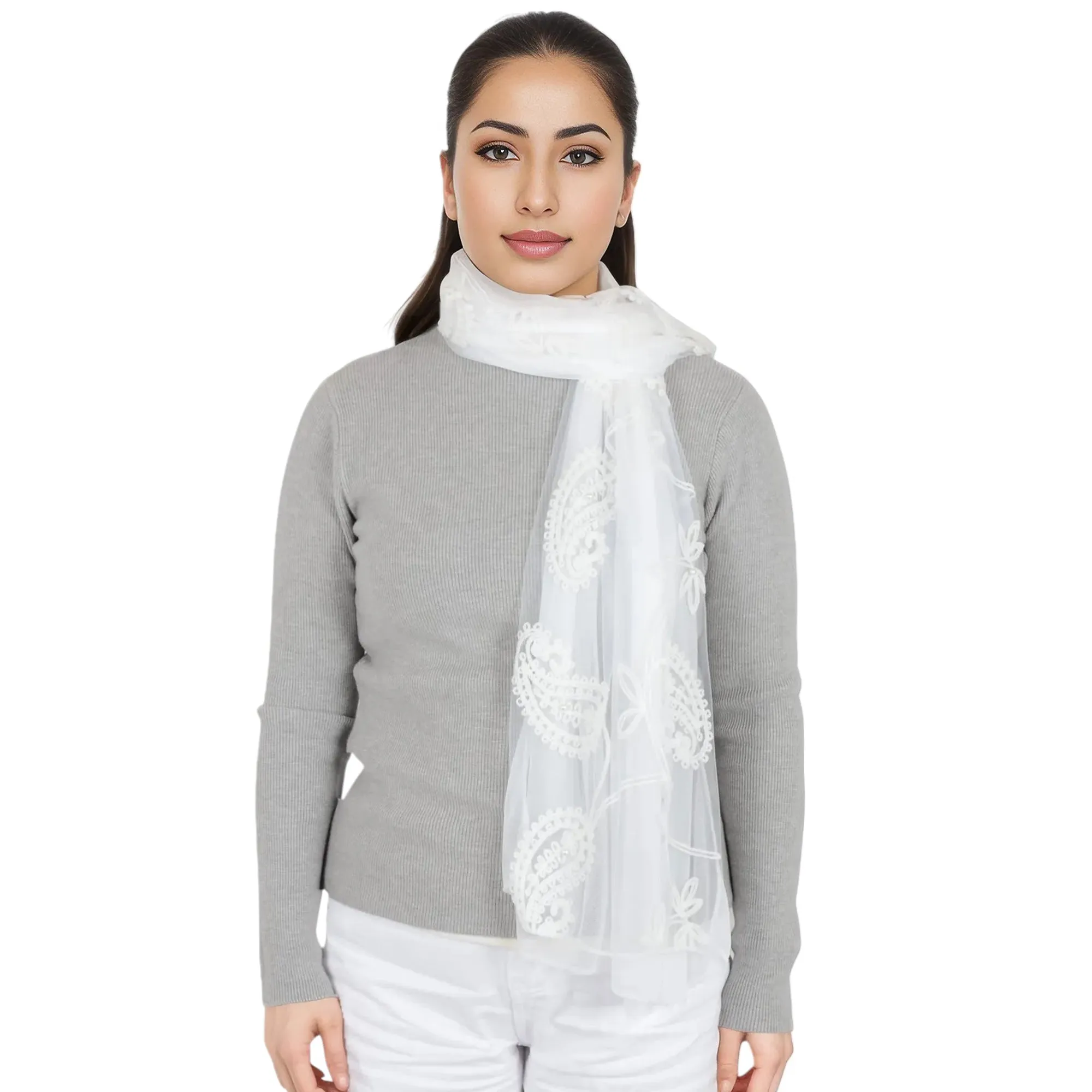 Anna-Kaci Women's Embroidered Floral Lace Scarf Solid Double Layered Faux Pearls Long Wrap Scarf