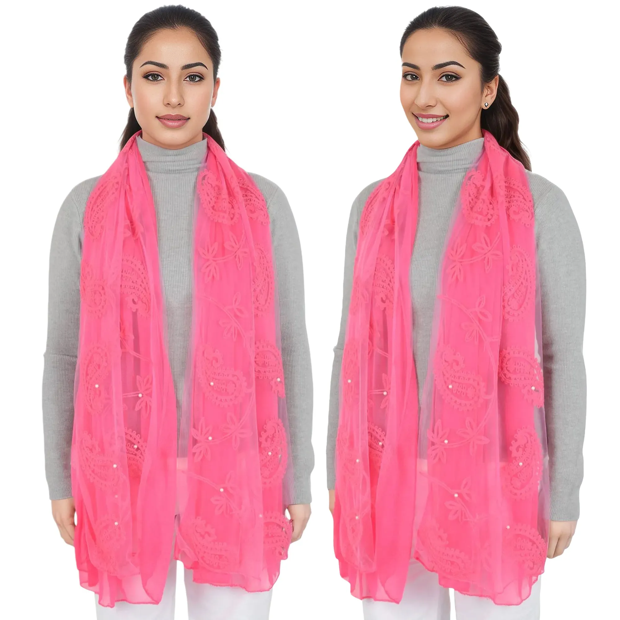 Anna-Kaci Women's Embroidered Floral Lace Scarf Solid Double Layered Faux Pearls Long Wrap Scarf