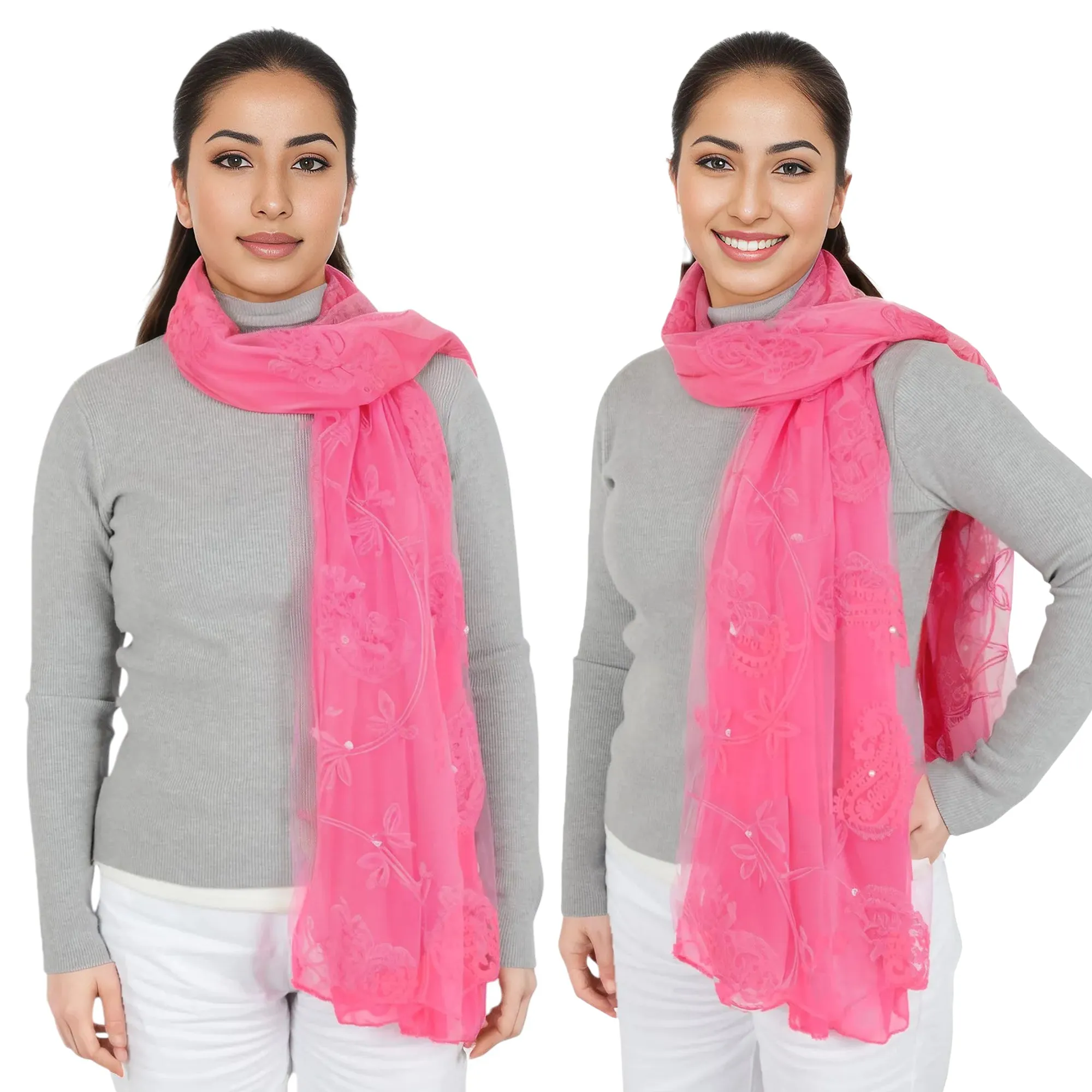Anna-Kaci Women's Embroidered Floral Lace Scarf Solid Double Layered Faux Pearls Long Wrap Scarf