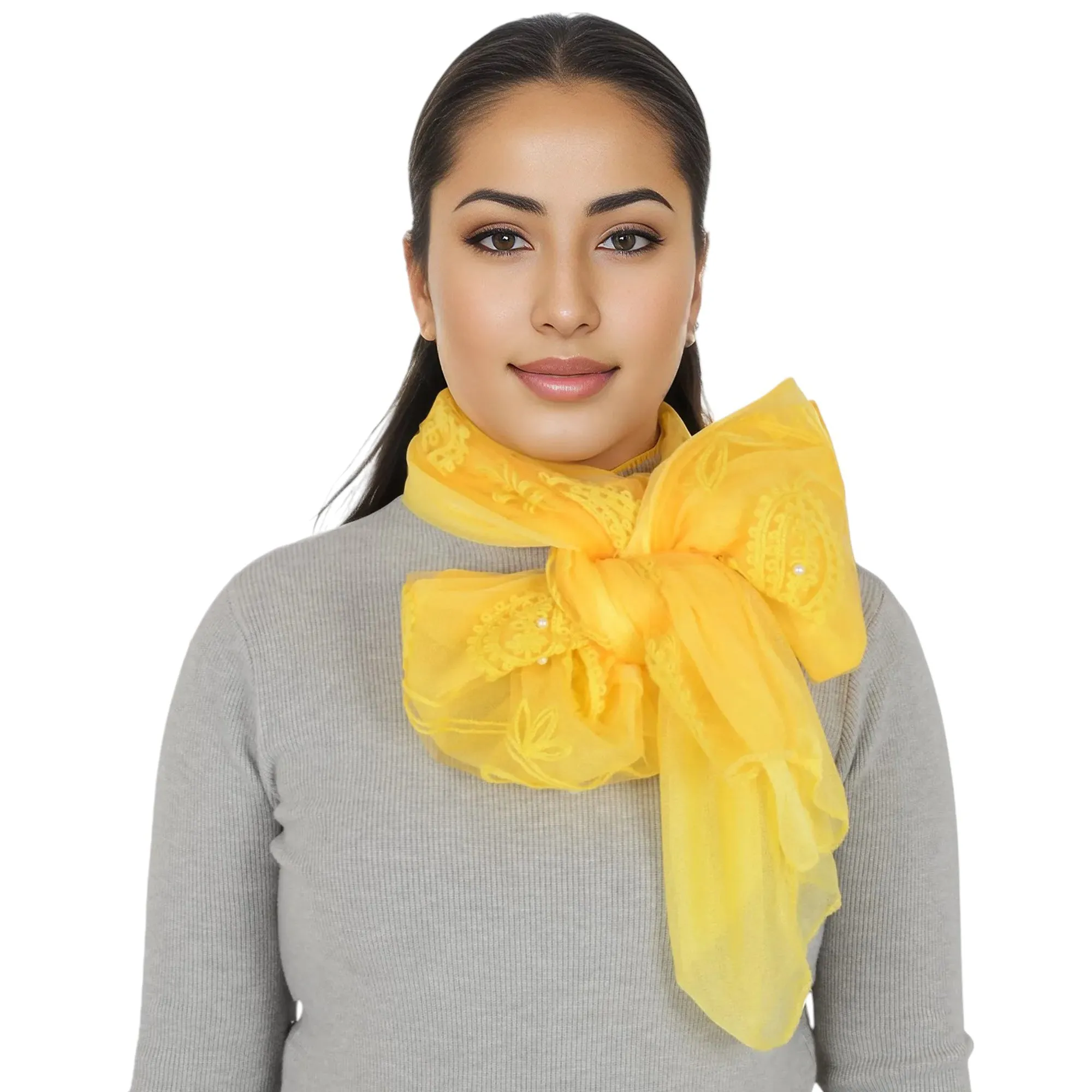 Anna-Kaci Women's Embroidered Floral Lace Scarf Solid Double Layered Faux Pearls Long Wrap Scarf