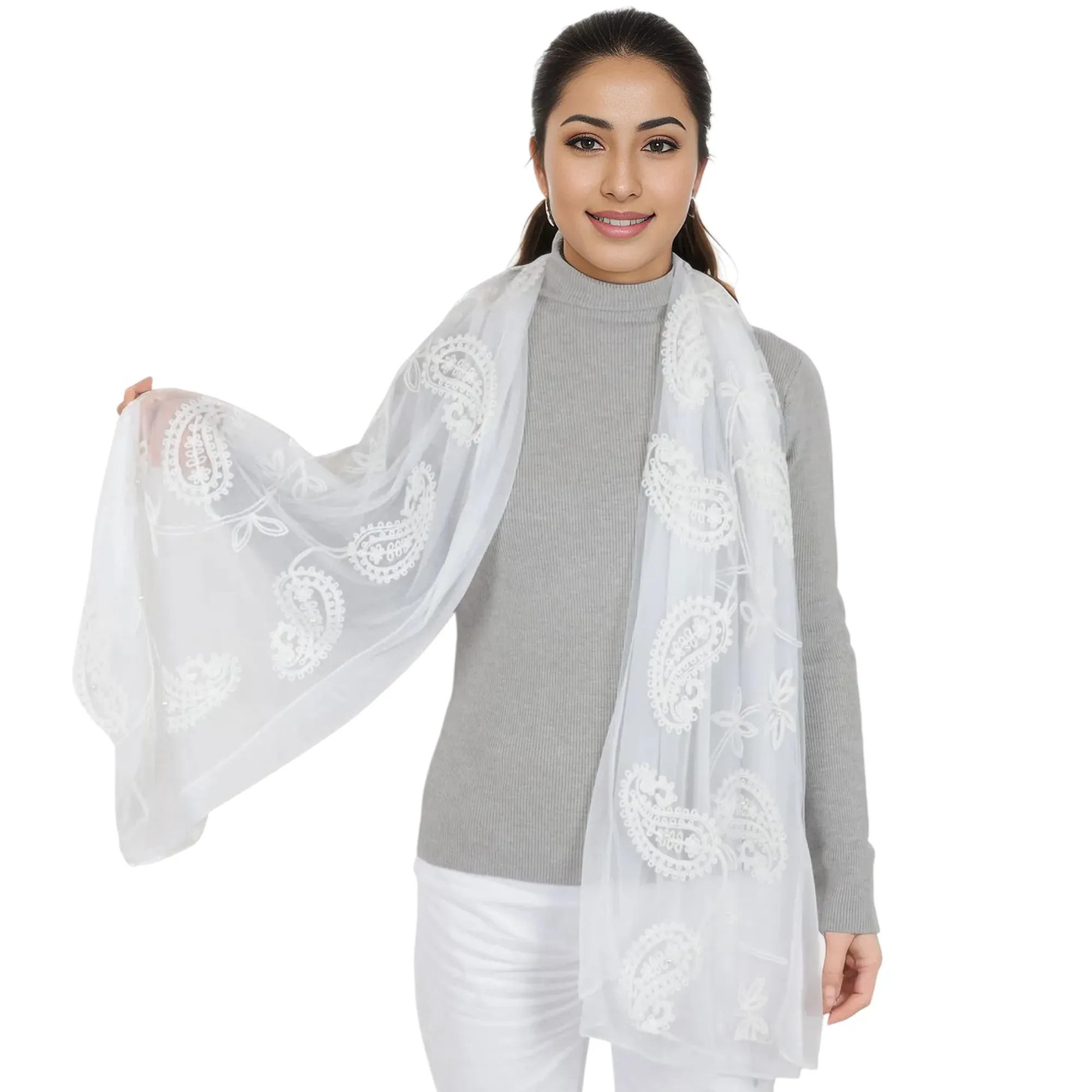 Anna-Kaci Women's Embroidered Floral Lace Scarf Solid Double Layered Faux Pearls Long Wrap Scarf