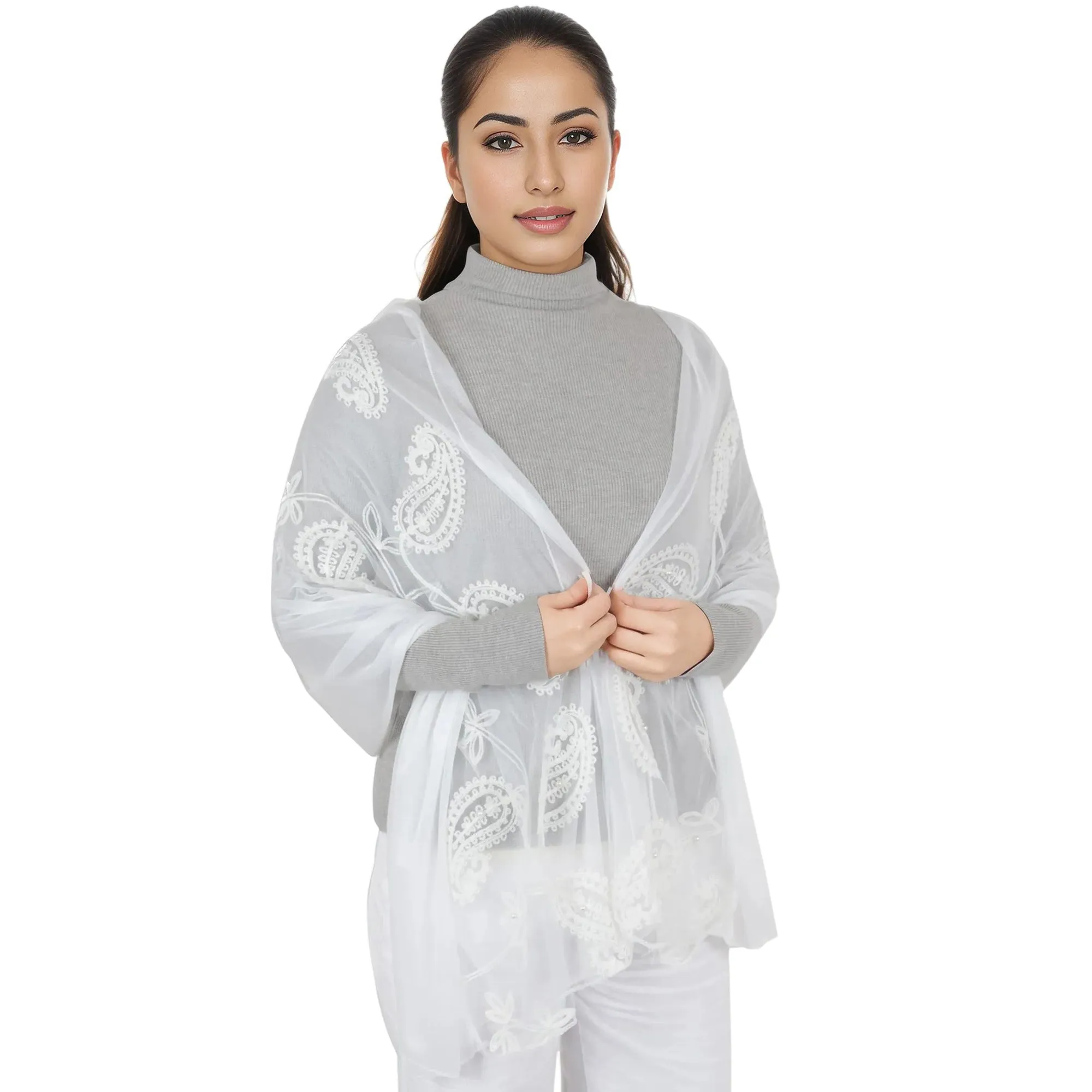 Anna-Kaci Women's Embroidered Floral Lace Scarf Solid Double Layered Faux Pearls Long Wrap Scarf
