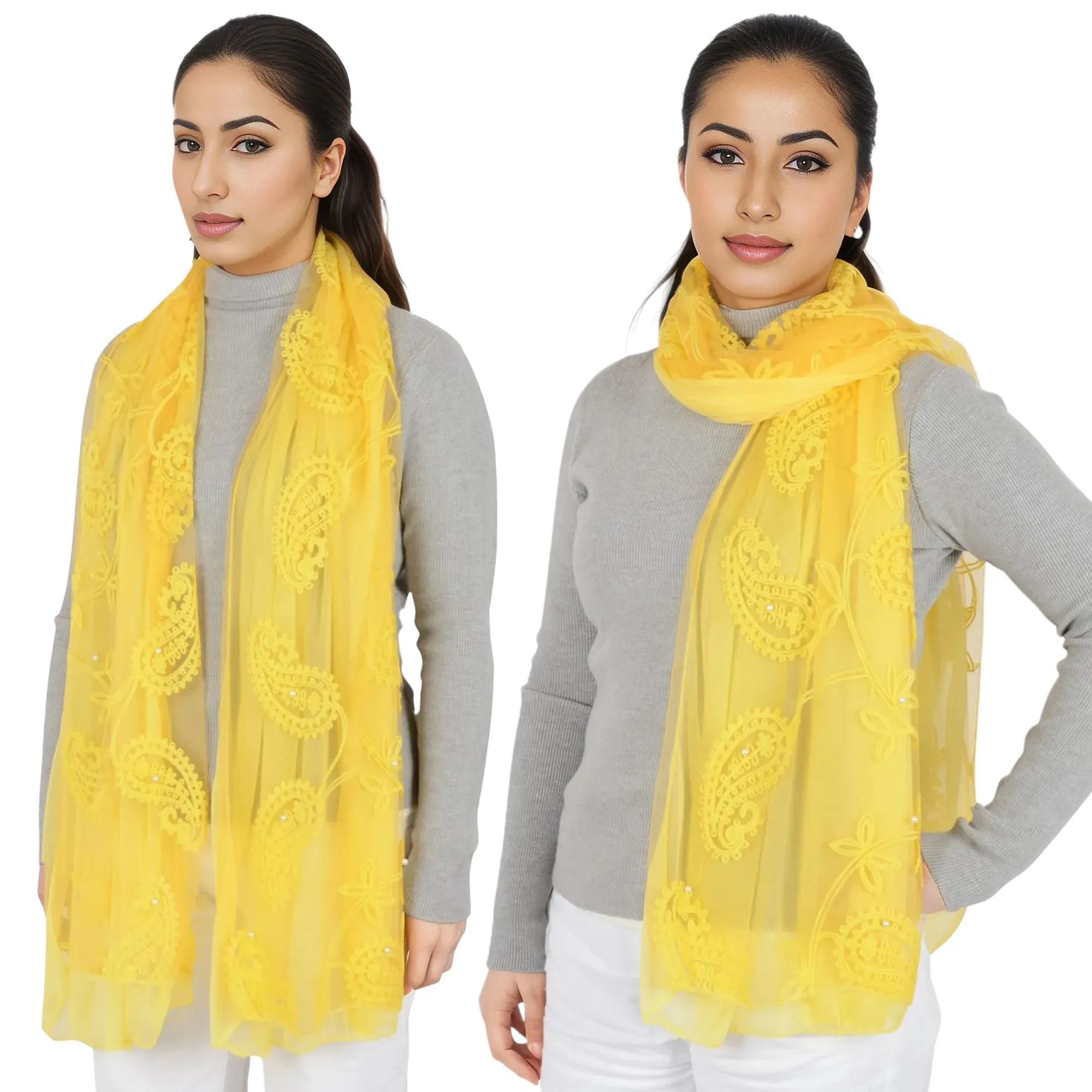 Anna-Kaci Women's Embroidered Floral Lace Scarf Solid Double Layered Faux Pearls Long Wrap Scarf