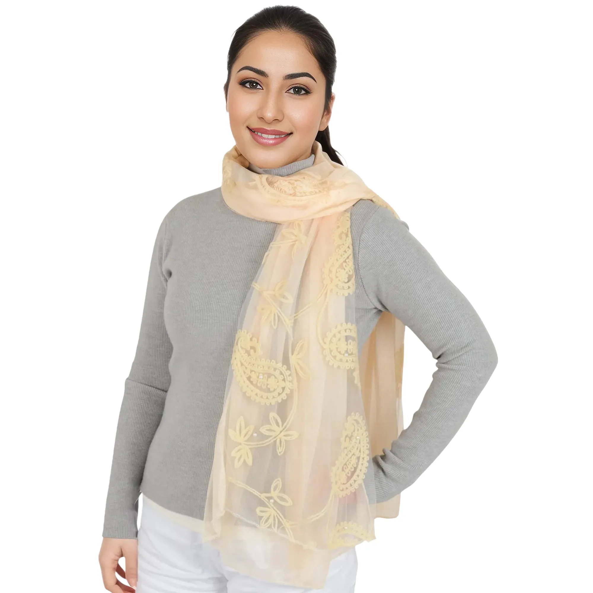 Anna-Kaci Women's Embroidered Floral Lace Scarf Solid Double Layered Faux Pearls Long Wrap Scarf