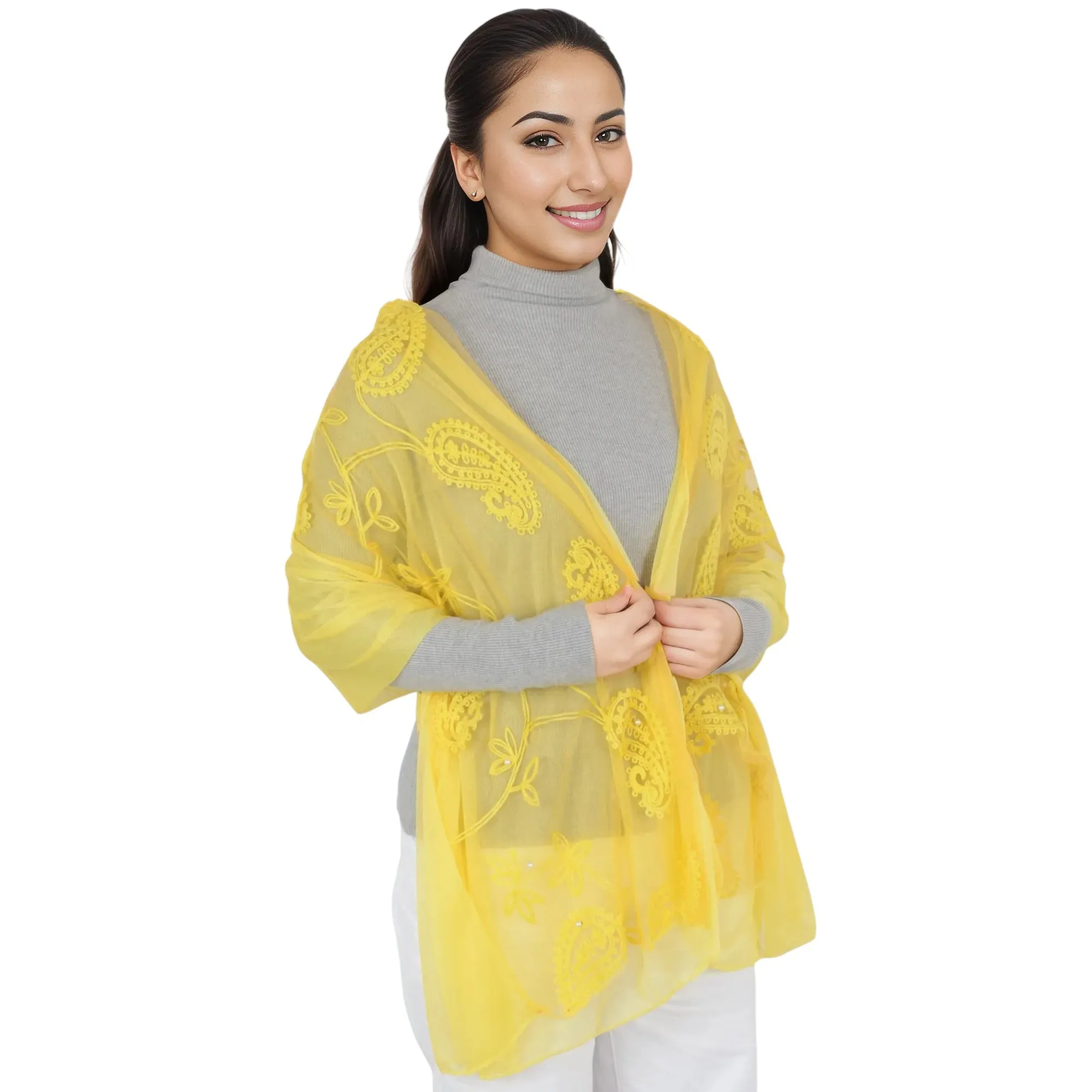 Anna-Kaci Women's Embroidered Floral Lace Scarf Solid Double Layered Faux Pearls Long Wrap Scarf