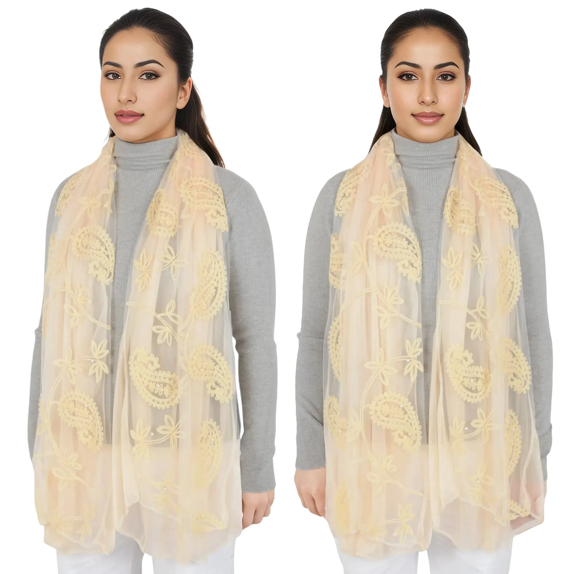 Anna-Kaci Women's Embroidered Floral Lace Scarf Solid Double Layered Faux Pearls Long Wrap Scarf