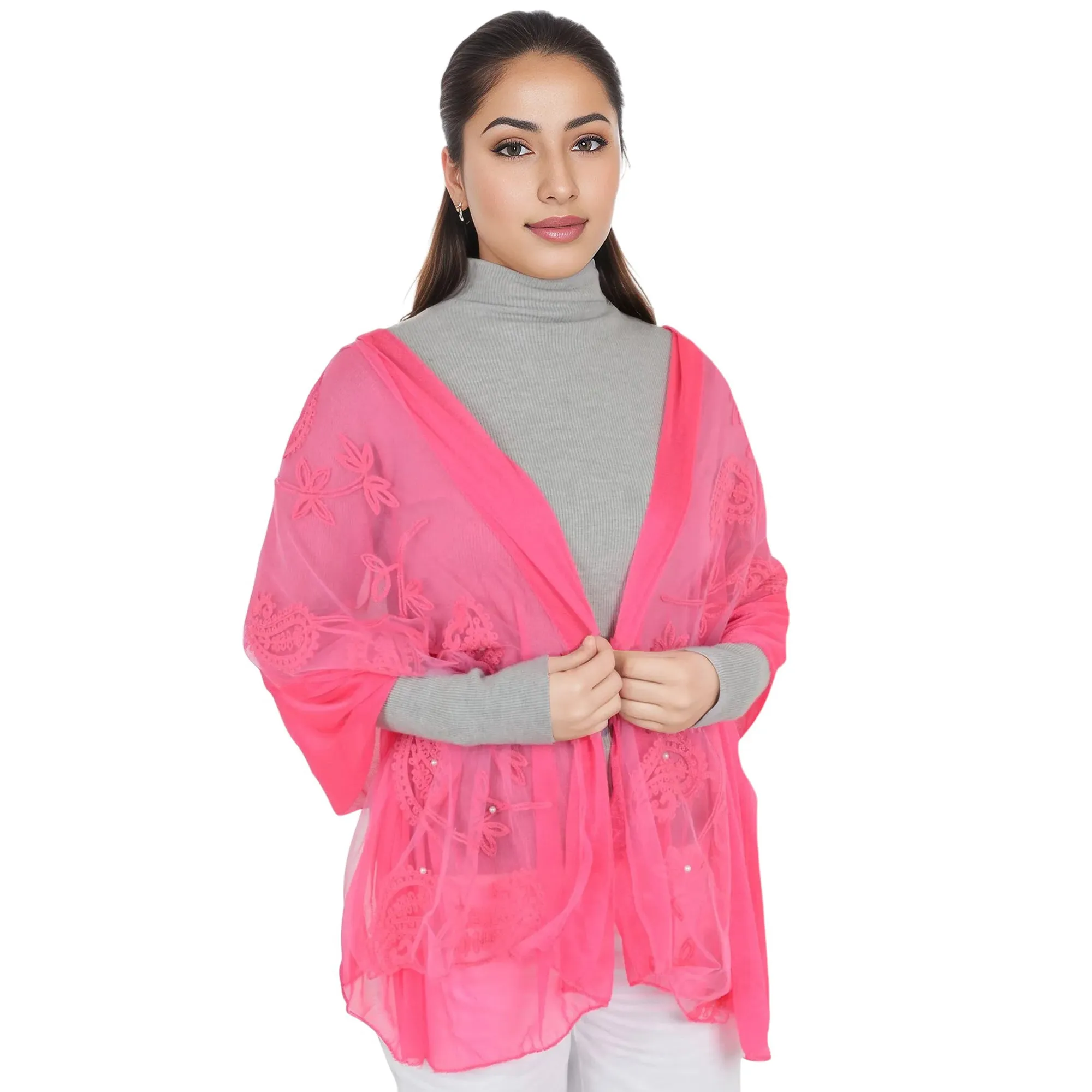 Anna-Kaci Women's Embroidered Floral Lace Scarf Solid Double Layered Faux Pearls Long Wrap Scarf