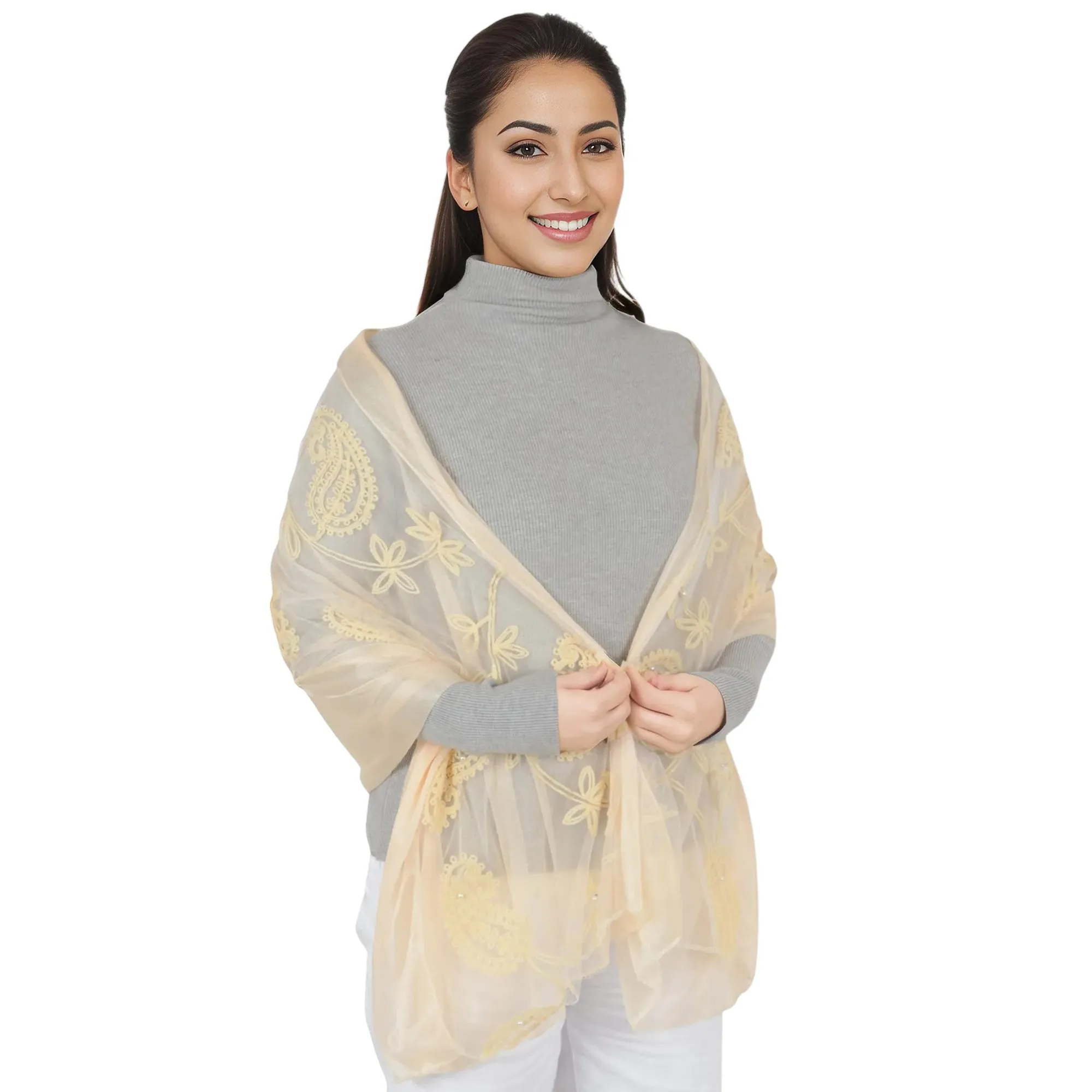 Anna-Kaci Women's Embroidered Floral Lace Scarf Solid Double Layered Faux Pearls Long Wrap Scarf