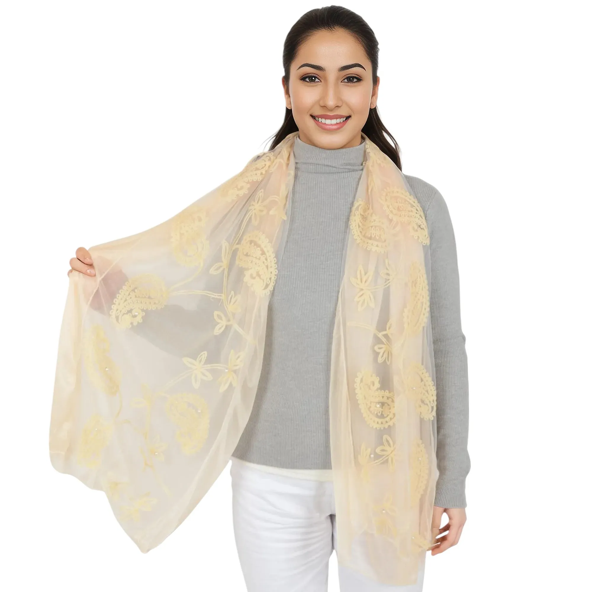 Anna-Kaci Women's Embroidered Floral Lace Scarf Solid Double Layered Faux Pearls Long Wrap Scarf