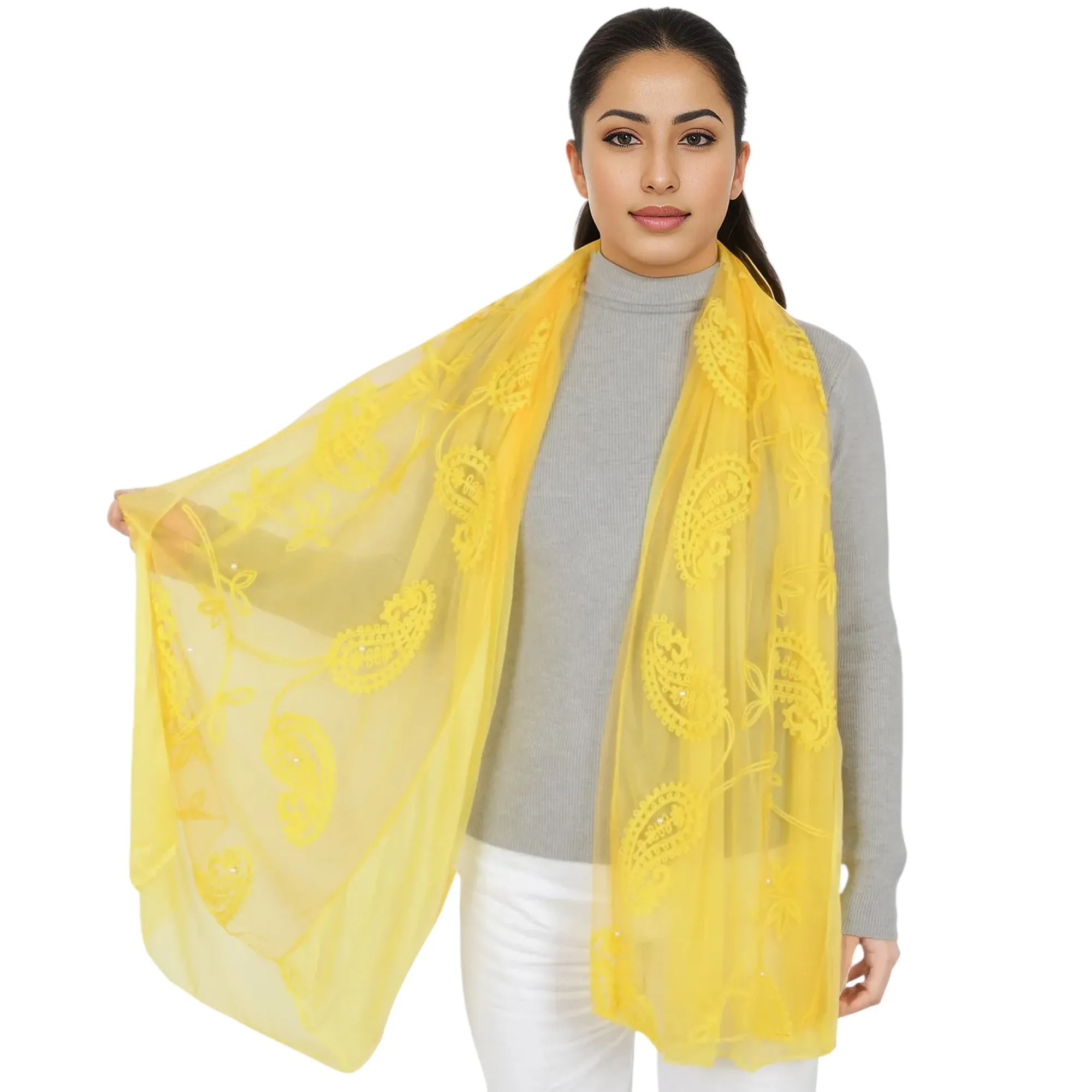 Anna-Kaci Women's Embroidered Floral Lace Scarf Solid Double Layered Faux Pearls Long Wrap Scarf