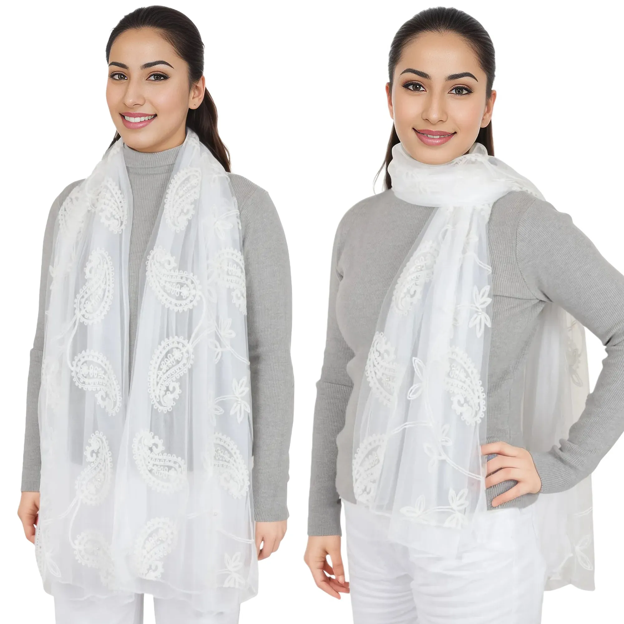 Anna-Kaci Women's Embroidered Floral Lace Scarf Solid Double Layered Faux Pearls Long Wrap Scarf