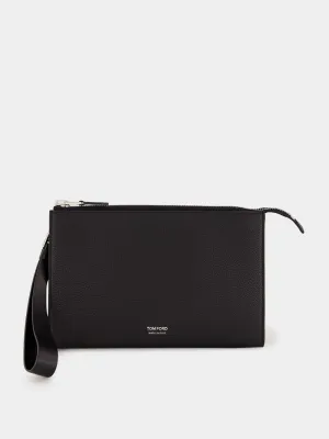 Black Soft Grain Leather Flat Pouch