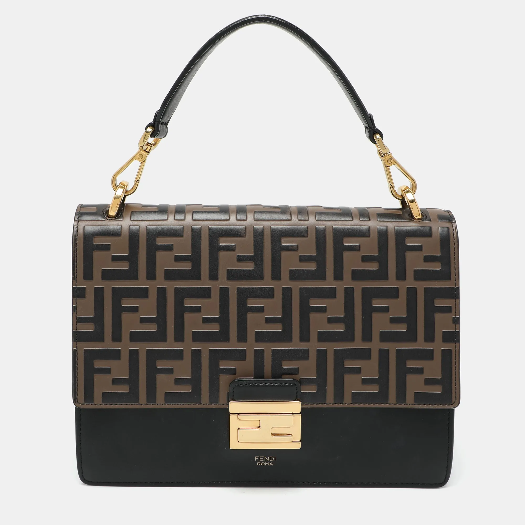 Black/Brown FF Embossed Leather Kan U Top Handle Bag