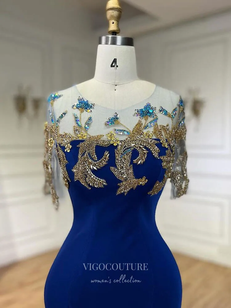Blue Beaded Lace Satin Prom Dresses Cap Sleeve Boat Neck Formal Dress 24518