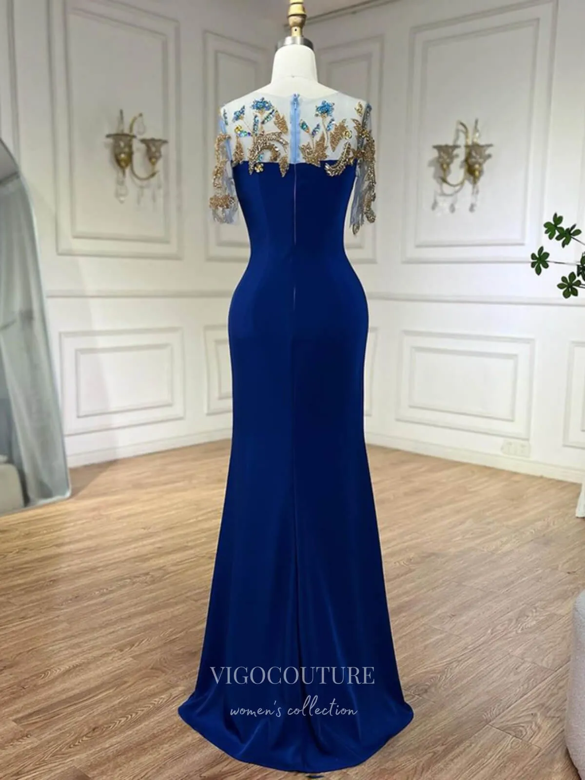 Blue Beaded Lace Satin Prom Dresses Cap Sleeve Boat Neck Formal Dress 24518