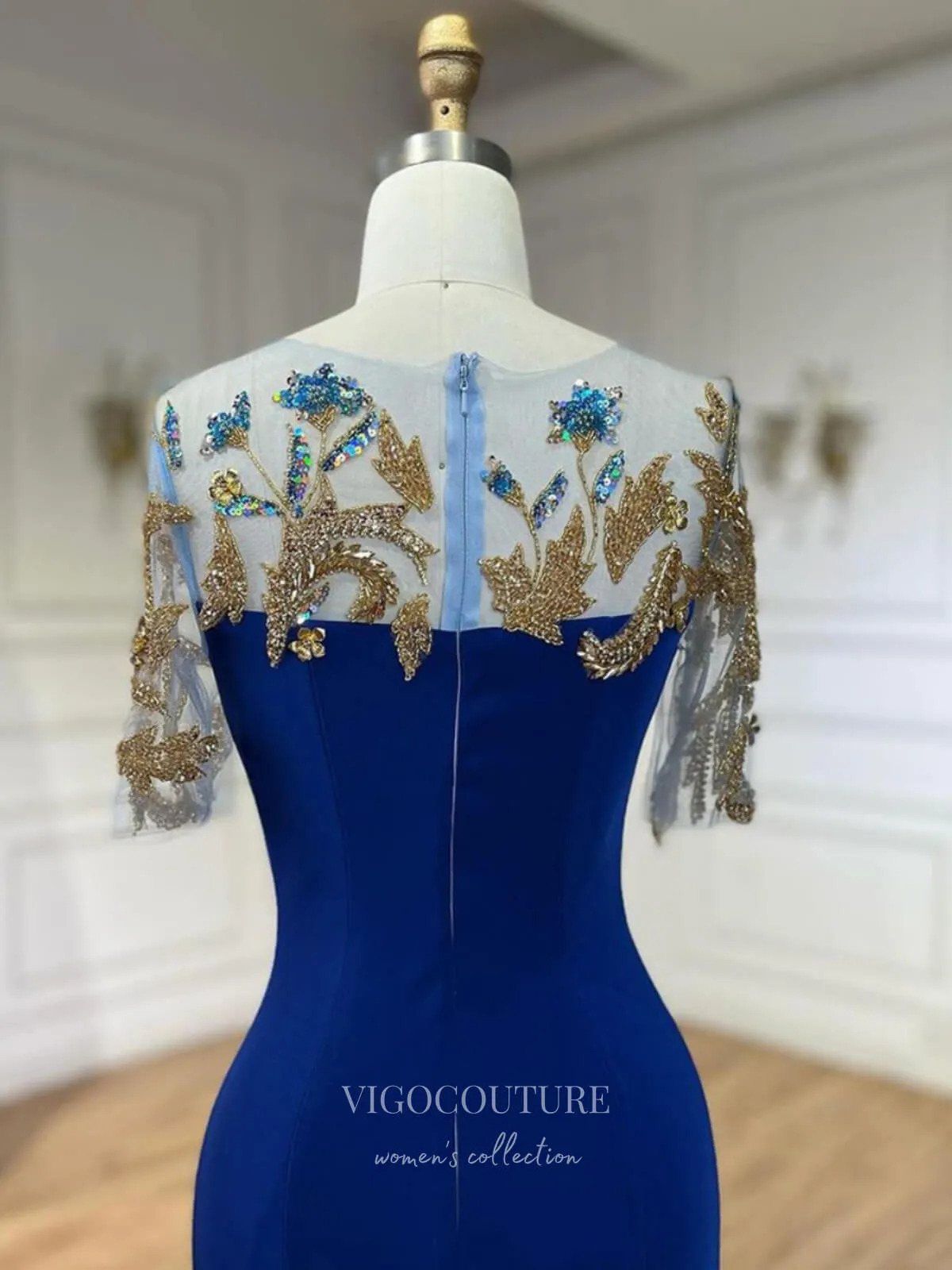 Blue Beaded Lace Satin Prom Dresses Cap Sleeve Boat Neck Formal Dress 24518