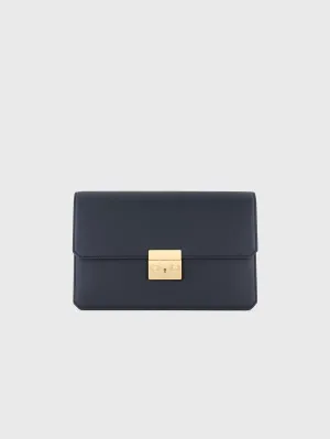 Calfskin Clutch Bag with Crocodile Details Blue Navy