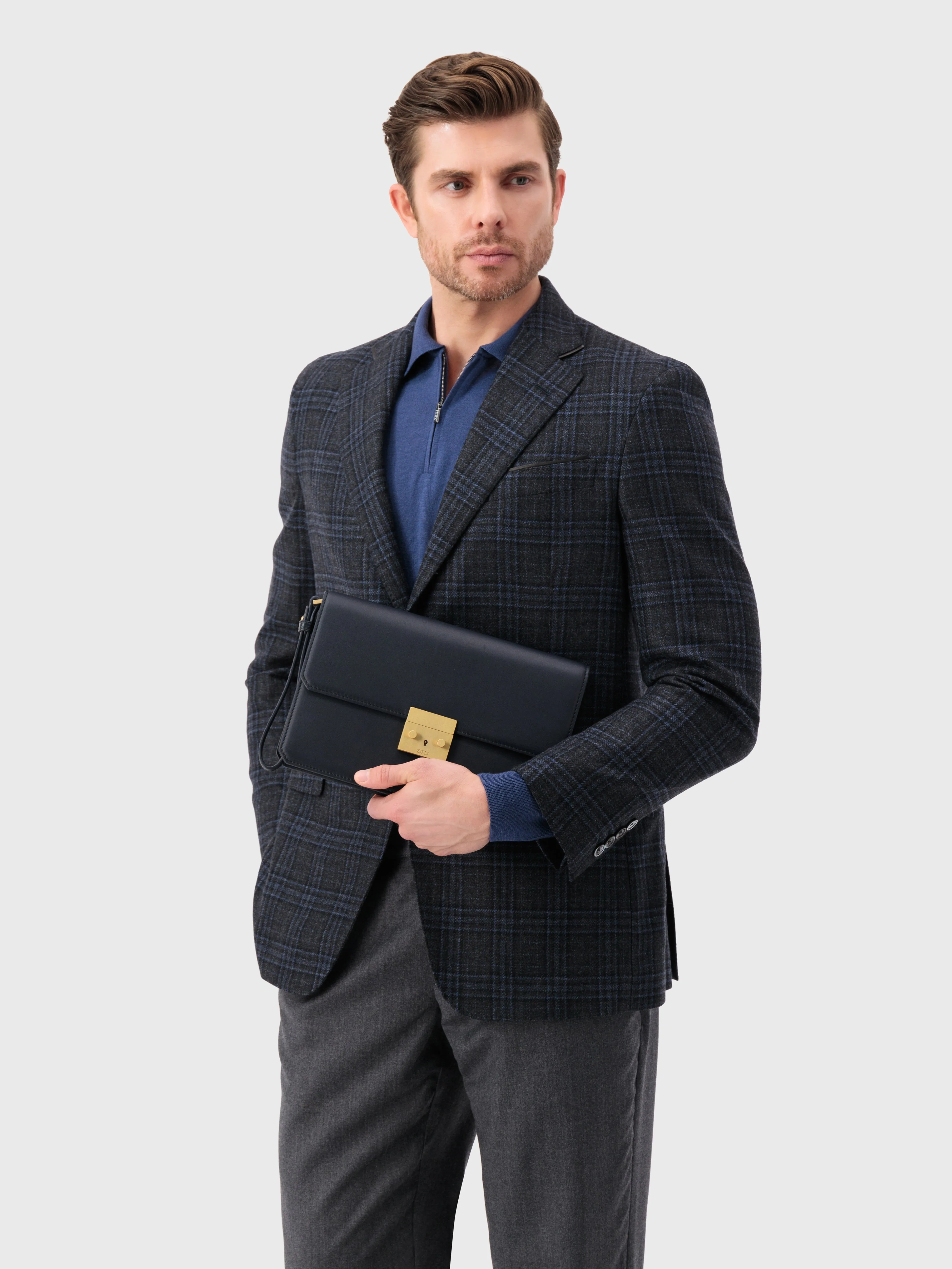 Calfskin Clutch Bag with Crocodile Details Blue Navy