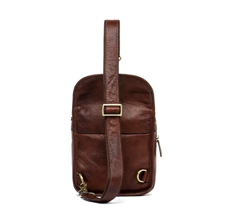 Casual Brown Leather Mens Sling Pack Sling Bags Chest Bags Brown One Shoulder Backpack for Men