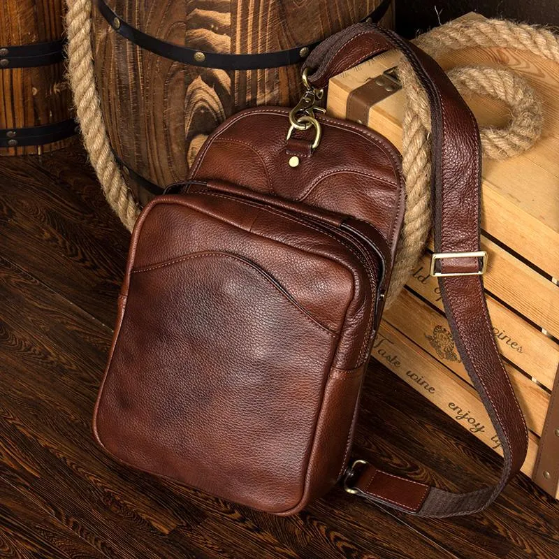 Casual Brown Leather Mens Sling Pack Sling Bags Chest Bags Brown One Shoulder Backpack for Men