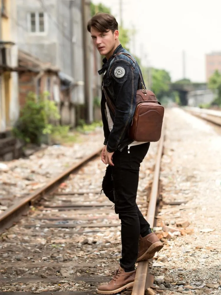 Casual Brown Leather Mens Sling Pack Sling Bags Chest Bags Brown One Shoulder Backpack for Men