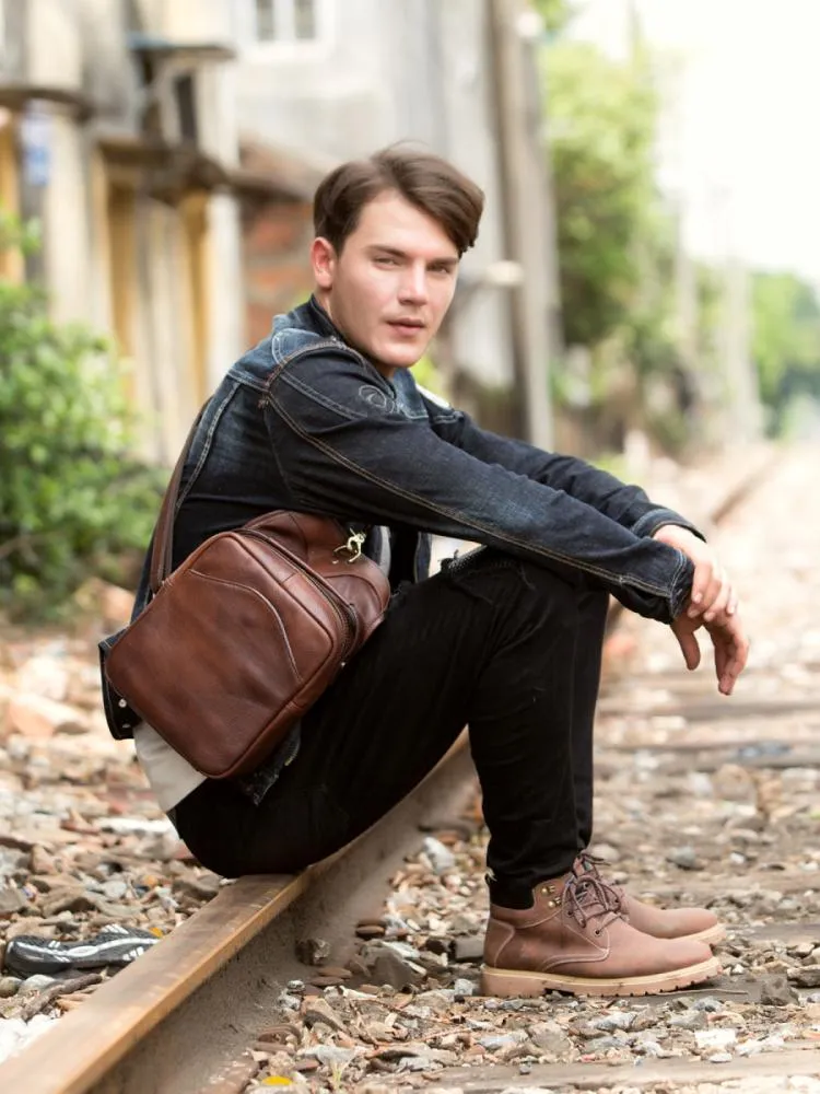 Casual Brown Leather Mens Sling Pack Sling Bags Chest Bags Brown One Shoulder Backpack for Men