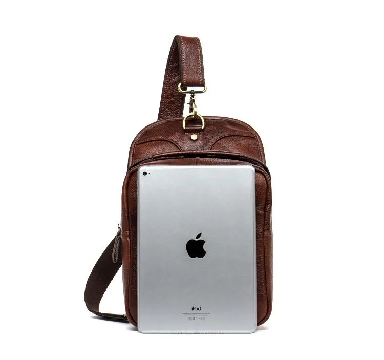 Casual Brown Leather Mens Sling Pack Sling Bags Chest Bags Brown One Shoulder Backpack for Men