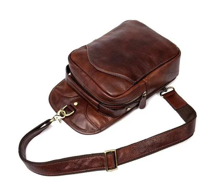 Casual Brown Leather Mens Sling Pack Sling Bags Chest Bags Brown One Shoulder Backpack for Men