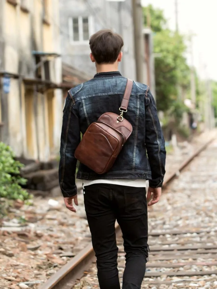 Casual Brown Leather Mens Sling Pack Sling Bags Chest Bags Brown One Shoulder Backpack for Men