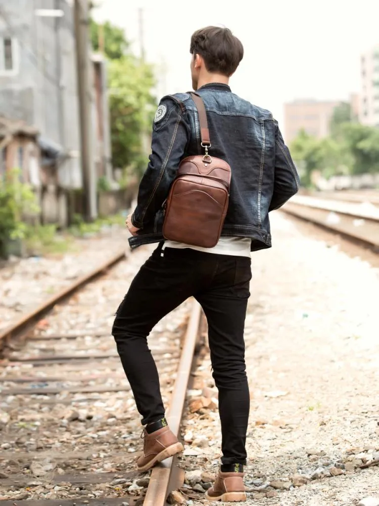 Casual Brown Leather Mens Sling Pack Sling Bags Chest Bags Brown One Shoulder Backpack for Men
