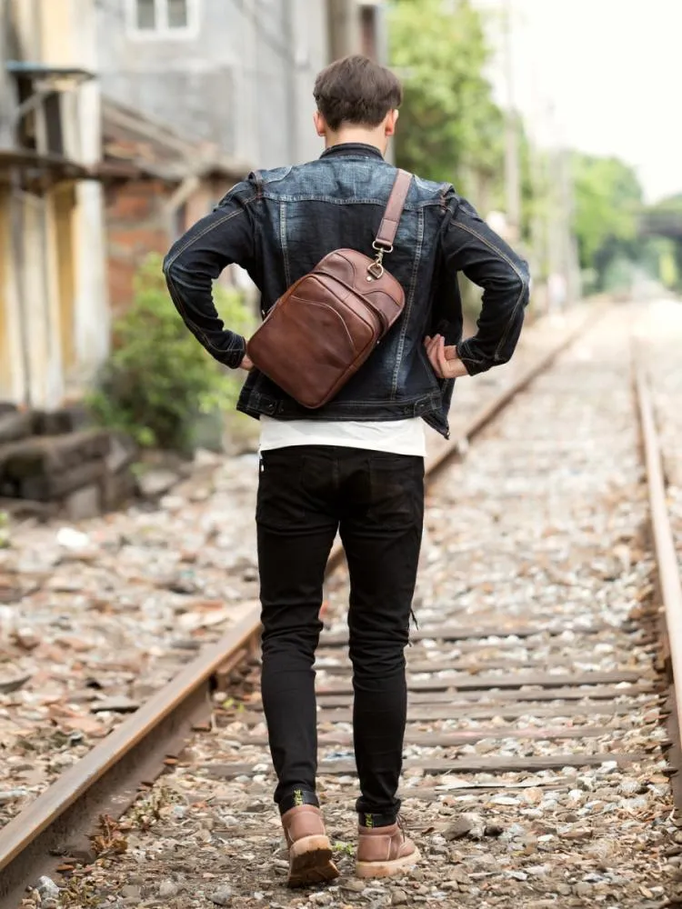 Casual Brown Leather Mens Sling Pack Sling Bags Chest Bags Brown One Shoulder Backpack for Men