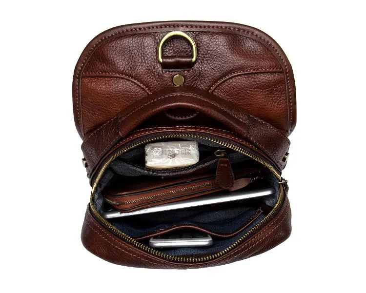 Casual Brown Leather Mens Sling Pack Sling Bags Chest Bags Brown One Shoulder Backpack for Men