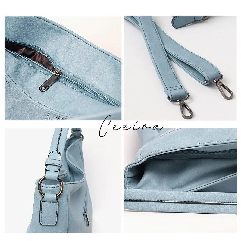 CEZIRA Casual Large PU Vegan Leather Shoulder Bag For Women Brand Luxury Thread Hobo Handbag Tote Female Fashion Crossbody Purse