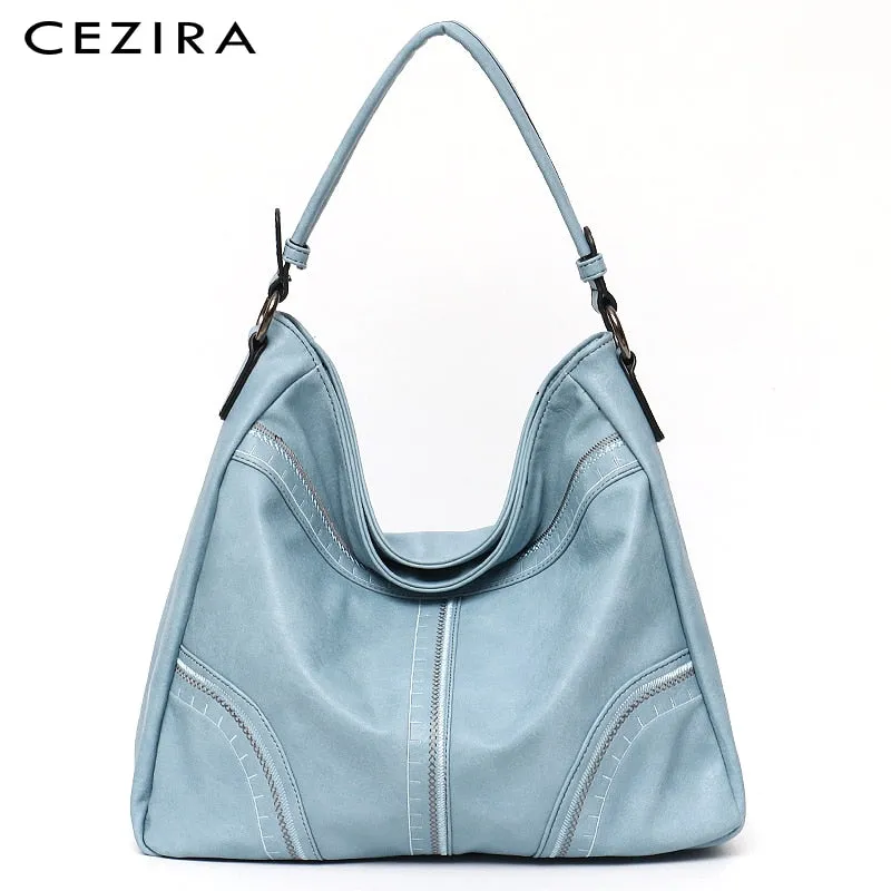 CEZIRA Casual Large PU Vegan Leather Shoulder Bag For Women Brand Luxury Thread Hobo Handbag Tote Female Fashion Crossbody Purse